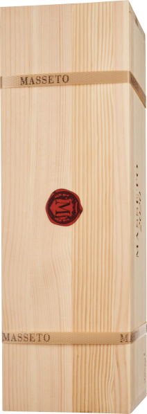 Holzkiste mit geprägtem Emblem und Banderole, vertikaler Holzmaserung.