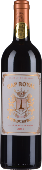 Dunkle Weinflasche mit goldener Medaille, verziertem Etikett und bronzefarbener Kapsel.