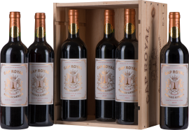 Sechs Bordeaux-Weinflaschen in Holzkiste, mit goldenen Etiketten und Verschlüssen.