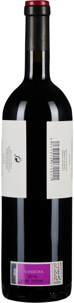 Dunkle Glasflasche mit rotem Kapselverschluss und purpurfarbenem Etikett.