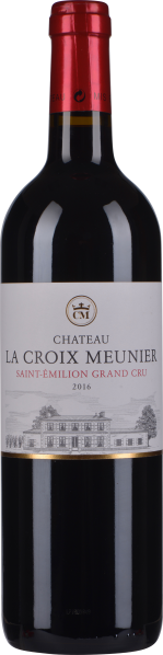 Dunkle Weinflasche mit rotem Kapselverschluss und elegantem Etikett mit Schlossabbildung.