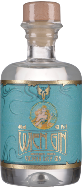 Klarer Flaschenkörper mit blau-goldenem Etikett und Holzverschluss.