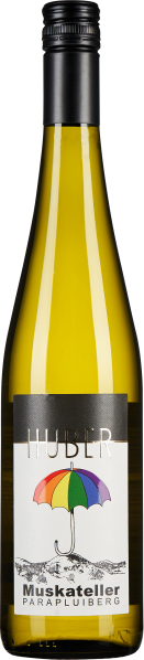 Durchscheinende gelbe Weinflasche mit schwarzem Drehverschluss und bunter Regenschirm-Etikett.