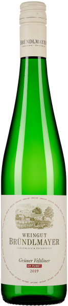 Grüne Weinflasche mit cremefarbenem Etikett und Schraubverschluss.