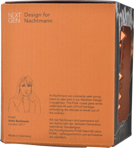 Orangefarbener Karton mit Illustrationen und schwarzem Rand, enthält Glasdesign.