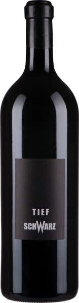 Schlichte, glänzende Weinflasche mit schwarzem Etikett und minimalistischem Design.