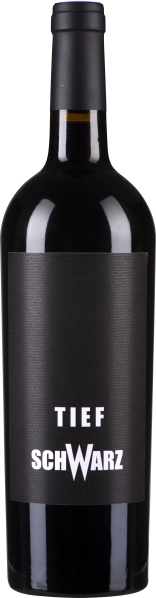 Schwarze Weinflasche mit schlichtem, modernem Etikett und weißem Schriftzug.