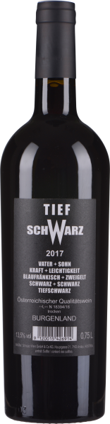 Dunkle Weinflasche mit schwarzem Etikett und schlichter, eleganter Schrift.