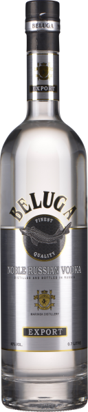 Klarer Vodka in eleganter, silberner Flasche mit markantem Logo-Design.