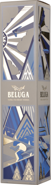 Elegante Verpackung mit blau-silbernen geometrischen Mustern und alpinem Motiv.