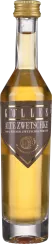 Klare Glasflasche mit goldener Flüssigkeit, zylindrische Form, oben verjüngt, goldener Verschluss, dunkelbraunes Etikett mit goldenem Schriftzug.