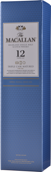 Blaue Verpackung mit eleganten goldenen Details und geometrischem Muster.