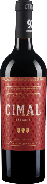 Dunkle Weinflasche mit rot-goldenem, herzgemustertem Etikett und schwarzem Hals.