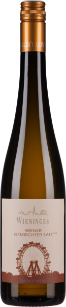 Braune Weinflasche mit goldenem Verschluss und stilisiertem Riesenrad auf dem Etikett.