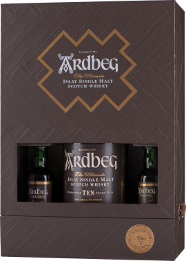 Braune Box mit drei Whiskyflaschen, goldenen und weißen Akzenten.