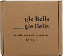 Brauner Karton mit weihnachtlichem Wortspiel in schwarzer Schrift.