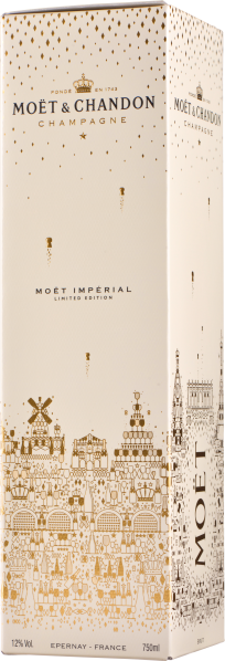 Beige Geschenkbox mit goldenen Ornamenten und eleganter Champagnerflaschen-Grafik.