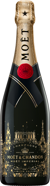 Schwarze Flasche mit goldenen Akzenten und komplexem, elegantem Etikettendesign.