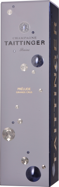 Graue Champagner-Verpackung mit Glanz-Akzenten und stilisierten, schimmernden Kreisen.