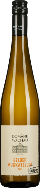 Klare, elegante Weinflasche mit goldener Flüssigkeit und schwarzem Schraubverschluss.