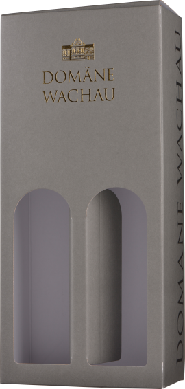 Graue Geschenkbox mit zwei Fensteröffnungen und goldener Schrift.