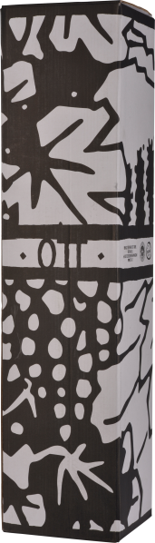 Schwarze und weiße Grafiken auf rechteckiger Weinverpackung.