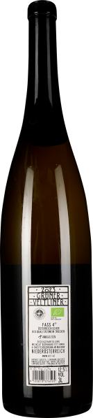 Große, dunkelbraune Weinflasche mit Etikett, spiegelt leicht das Licht.