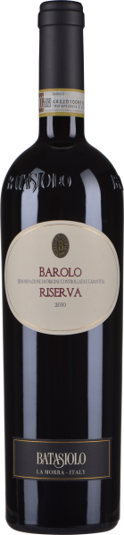 Dunkle Weinflasche mit rotem Etikett und goldener Banderole.