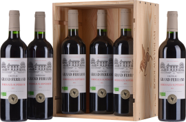 Sechs Bordeaux Weinflaschen in Holzkiste, klassisches Etikett mit Château-Abbildung.