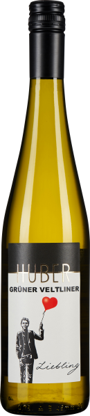 Schlanke Flasche mit schwarzem Verschluss, hellem Etikett, Herz-Ballon, goldener Schrift.