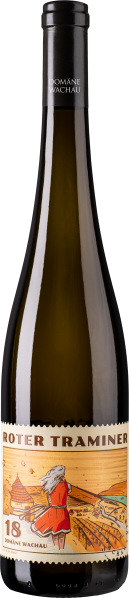 Schlanke Weinflasche mit künstlerischem Etikett in warmen Gelb- und Brauntönen.