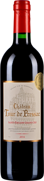 Weinflasche mit rotem Hals und goldenem Etikett, stilisierte Château-Illustration.