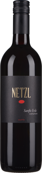 Dunkle Weinflasche mit schwarzem Etikett und goldener Schrift.