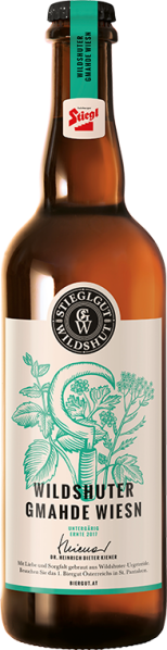 Braune Bierflasche mit hellgrünem Etikett und botanischen Illustrationen.