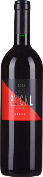 Flasche Rotwein mit modernem Etikett in schwarz-rotem Design.
