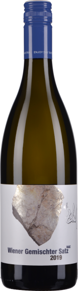 Grüne Weinflasche mit dunkelblauem Schraubverschluss und Etikett mit Steindesign.