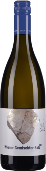 Weinflasche mit blauem Drehverschluss und Etikett mit großem Felsenmotiv.