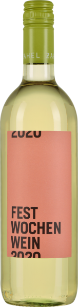 Klare Flasche mit hellgelbem Wein, grüner Schraubverschluss, rosa Etikett.