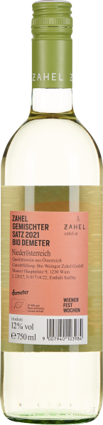 Klare Weinflasche mit grünem Schraubverschluss und beigefarbenem Etikett.