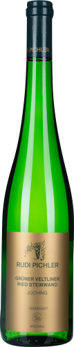 Grüne Weinflasche mit goldfarbenem Etikett und schwarzem Verschluss.