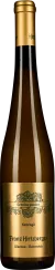 Eine schlanke Weinflasche mit goldener Kapsel und Etikett; das Etikett zeigt ein detailliertes Design mit einem Weingut-Motiv.