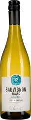 Flasche Sauvignon Blanc mit einem gelben Inhalt und einem modernen Etikett, das in Weiß mit blauen und schwarzen Elementen gestaltet ist. Die Flasche hat einen schwarzen Schraubverschluss.