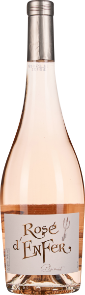 Flasche eines zart rosafarbenen Weins mit silbernem Schraubverschluss und elegantem Etikett.