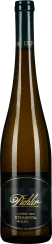 Braune Glasweinflasche mit dunklem Etikett und goldener Schrift, schlank und elegant; glänzender, dunkelgrüner Verschluss.