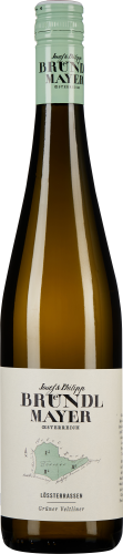 Eine schlanke Weinflasche mit hellgrünem Schraubverschluss und einem cremefarbenen Etikett, das eine stilisierte Karte zeigt. Der Wein selbst hat eine helle, goldene Farbe.