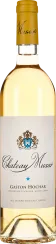 Flasche mit klarer, hellgelber Flüssigkeit und gelbem Verschluss, elegant ausgestattet mit einem kunstvollen Etikett und Wappen.