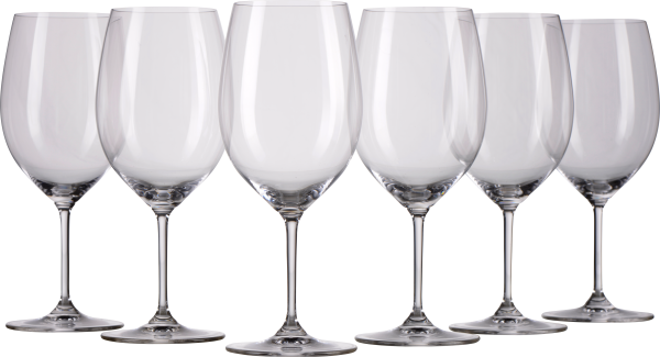 Set aus sechs eleganten Weingläsern mit hohen, klaren Stielen und leicht bauchigen Kelchen, ideal für Weißwein.