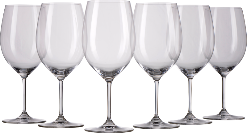 Set aus sechs eleganten Weingläsern mit hohen, klaren Stielen und leicht bauchigen Kelchen, ideal für Weißwein.