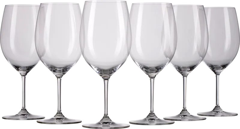 Set aus sechs eleganten Weingläsern mit hohen, klaren Stielen und leicht bauchigen Kelchen, ideal für Weißwein.