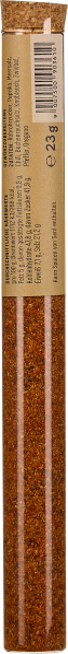 Langes Glasröhrchen mit rotem Gewürzpulver, versiegelt mit einem Korken.